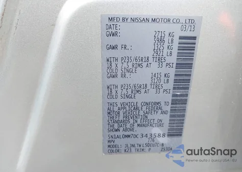 2013 Infiniti Jx35 z USA, uszkodzony, nr VIN 5N1AL0MM7DC343588